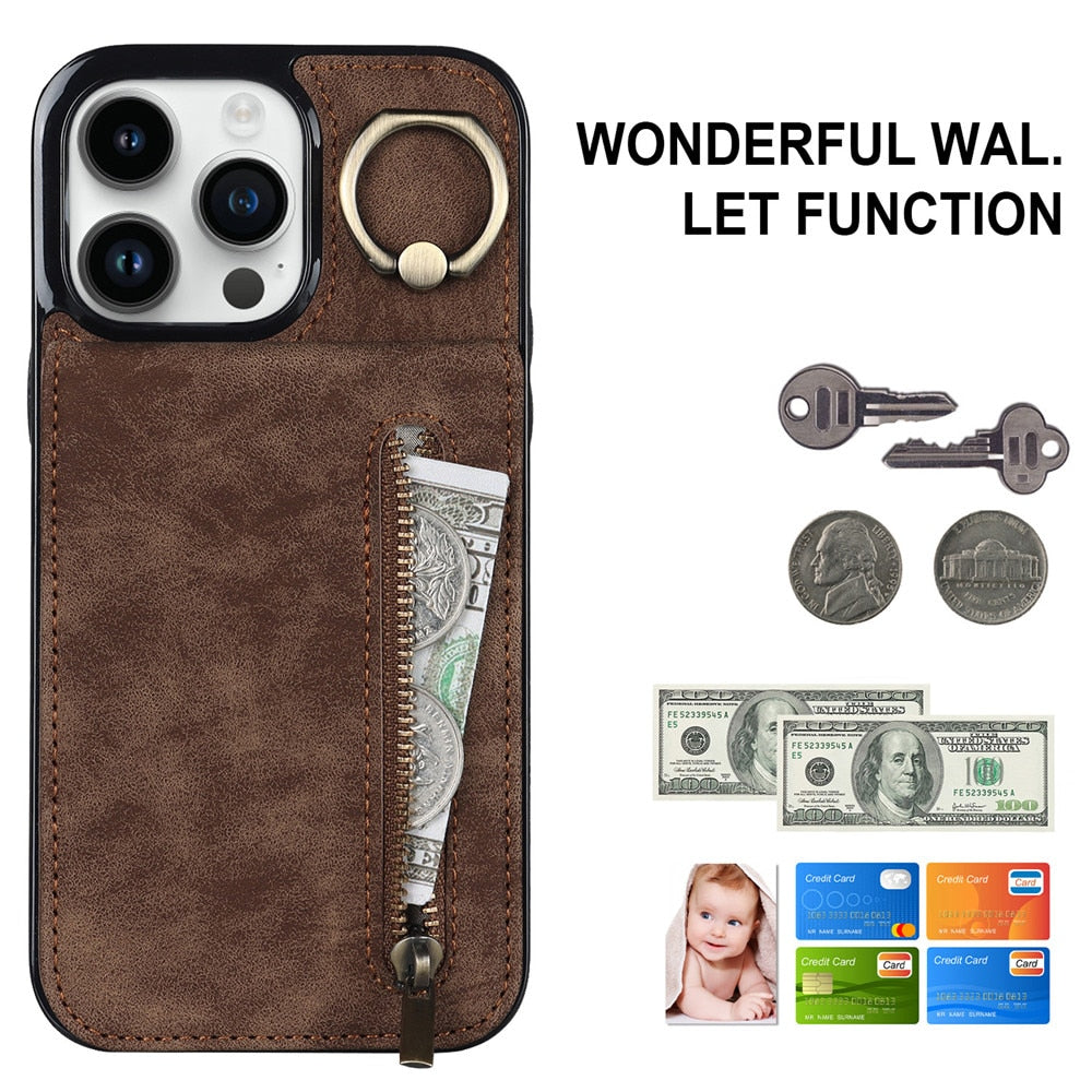 Zipper Cards Holder Leather Wallet Phone Case For iPhone - ShieldSleek