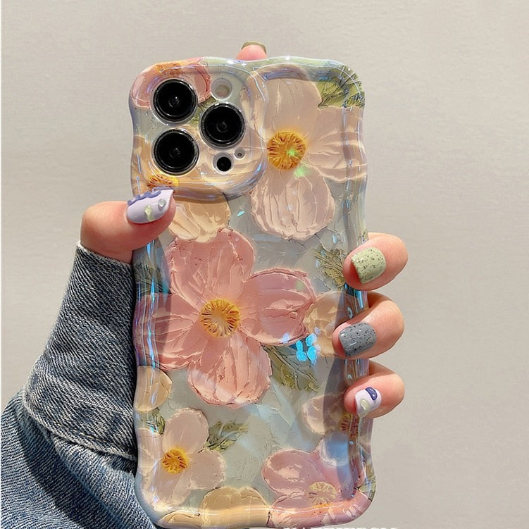 iPhone 14 Pro Max Fashion Laser Blue Light Flowers Phone Case - ShieldSleek